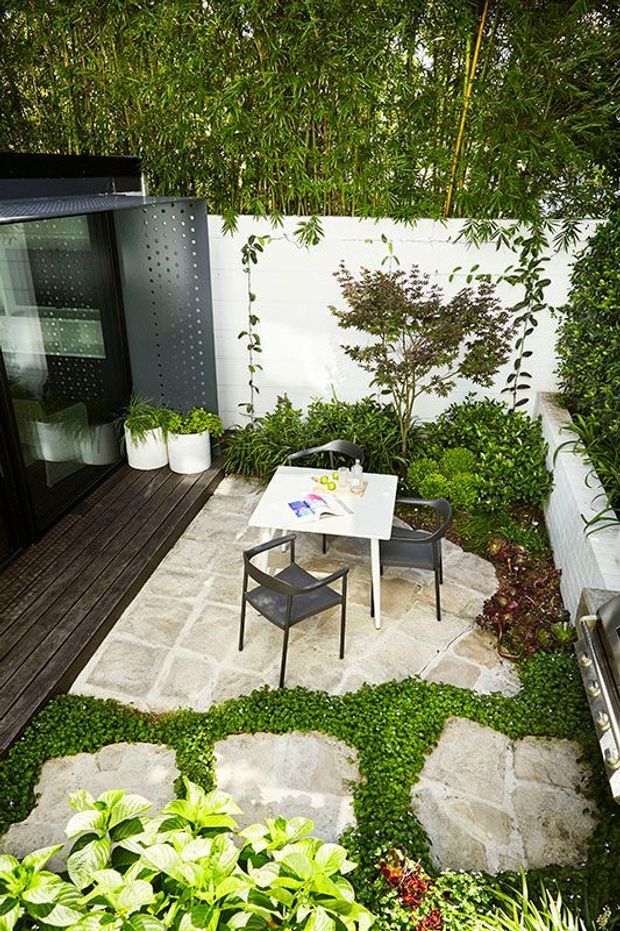 A compact landscaped courtyard terrace viewed from above, featuring irregular pale stone paving, dark timber decking, dense planting, a white rendered boundary wall, and a small white outdoor table with two black chairs. A dark-framed glazed opening connects the courtyard to the building, with perforated metal screening beside it.