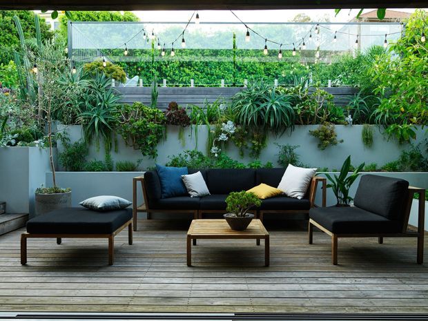 A lush outdoor terrace featuring a timber deck, black-framed lounge furniture, a low timber coffee table, layered cushions, abundant potted and vertical greenery, and string lights overhead. The space is enclosed by planted privacy walls and appears designed as a relaxed outdoor entertaining area.