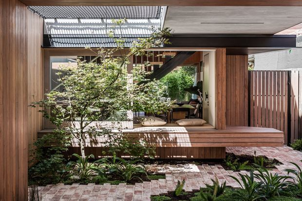 A contemporary timber-clad courtyard and entry area with a large glazed opening into the home. A mature planted garden sits in front of a raised timber platform, while a translucent corrugated roof or skylight structure brings filtered daylight into the space. Brick paving, vertical timber screening, exposed timber framing and a visible interior seating area create a warm, sheltered indoor-outdoor connection.