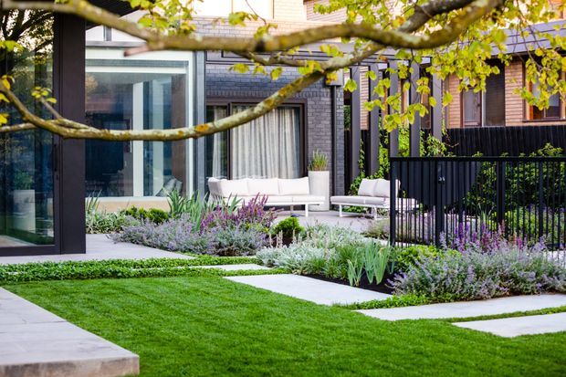 A landscaped courtyard garden beside a contemporary brick-and-glass house. The scene features crisp concrete stepping paths through a manicured lawn, layered lavender and silver planting, black metal fencing, large glazed doors and windows, and an outdoor seating area beneath mature tree branches.