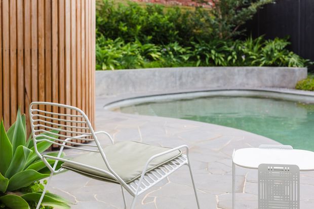 A landscaped outdoor pool area with a curved swimming pool, pale stone paving, lush planting, a vertical timber screen, and light-coloured outdoor lounge furniture. The scene has a relaxed, refined contemporary garden design.