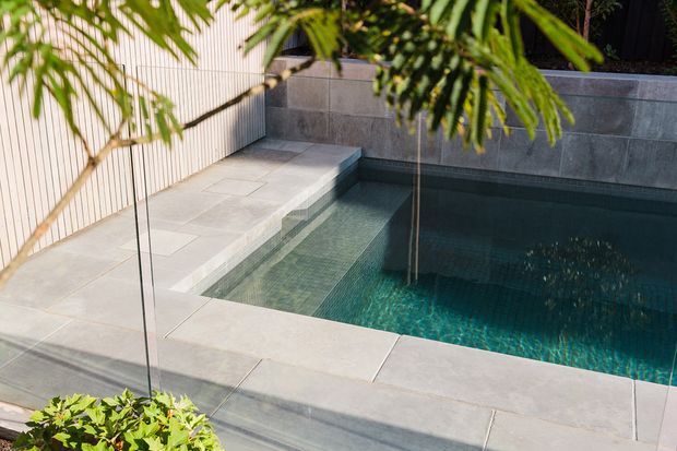 A compact contemporary swimming pool courtyard viewed through clear glass, with pale large-format stone paving, dark grey tiled walls, a narrow raised pool edge, and vertical light-coloured cladding. Lush foliage partially frames the scene.