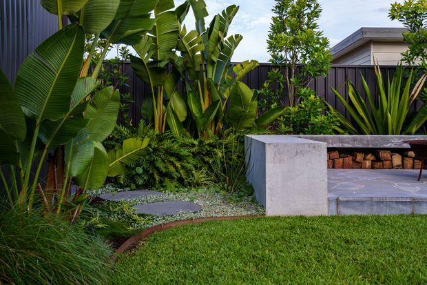 A lush contemporary landscaped courtyard or garden with dense tropical planting, layered foliage, ornamental grasses, dark vertical fencing, and a built-in concrete outdoor fireplace or seating feature. The hardscape includes large stepping stones, a paved platform, and a neatly maintained lawn. A modern building is partially visible in the background.