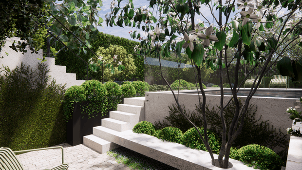 A landscaped outdoor courtyard or terrace with sculpted greenery, a mature tree, pale rendered retaining walls, broad floating steps, and a light paved surface. The garden is composed in clean geometric forms with built-in raised planters and a distant hillside visible beyond.