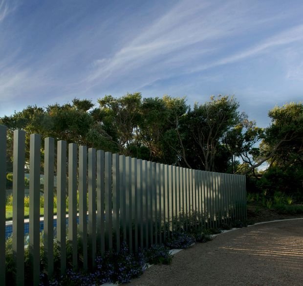 Exterior view of a contemporary vertical metal slat fence with a gently curving profile, bordering a paved or gravel walkway. Dense mature planting sits behind the fence, with strong linear shadows cast across the path in late-day light.