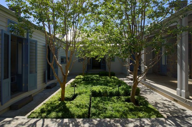 A landscaped courtyard enclosed by low-rise building wings, featuring a rectangular garden bed with clipped groundcover, small ornamental trees, and narrow paved walkways. The surrounding buildings have light horizontal cladding, blue-grey doors and shutters, and covered verandah-like circulation areas with slender columns. Bright daylight filters through the tree canopy.