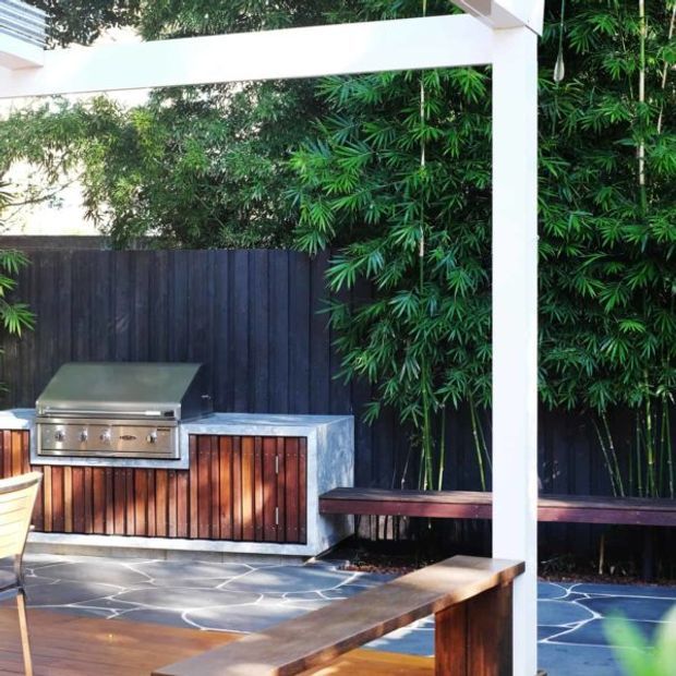 An outdoor entertaining area with a built-in stainless-steel barbecue set into timber cabinetry, dark stone paving, timber bench seating, a dark fence, and dense bamboo planting. A white pergola-like frame defines the space.