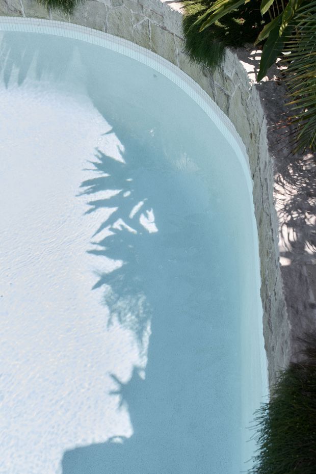 Close-up, top-down view of a curved swimming pool with pale blue water and a light tiled coping edge. The pool is bordered by a rough light-stone retaining wall and tropical landscaping, with palm frond shadows cast across the water.