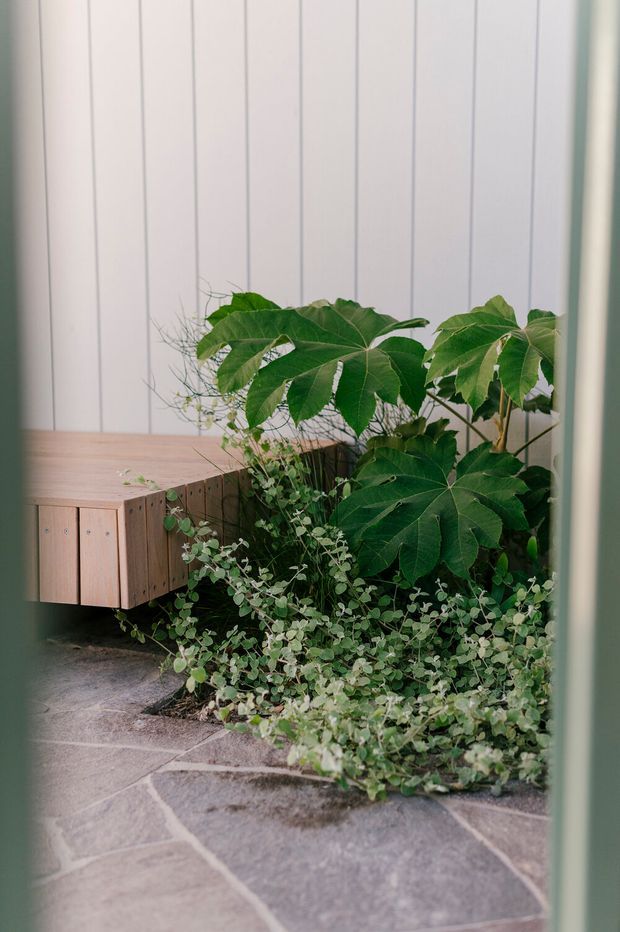 A close-up view of a planted interior or sheltered courtyard corner featuring a floating timber cabinet or bench against a vertically panelled pale wall. Lush foliage surrounds the joinery, and irregular grey stone paving covers the floor. The scene has a calm, natural, minimalist character.