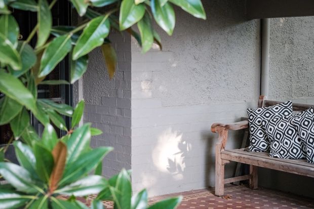 A leafy outdoor courtyard or porch corner with a rustic timber bench against a pale painted brick and textured rendered wall. Black-and-white patterned cushions add contrast, while dense green foliage partially frames the foreground. The floor is laid with small patterned terracotta and beige tiles.