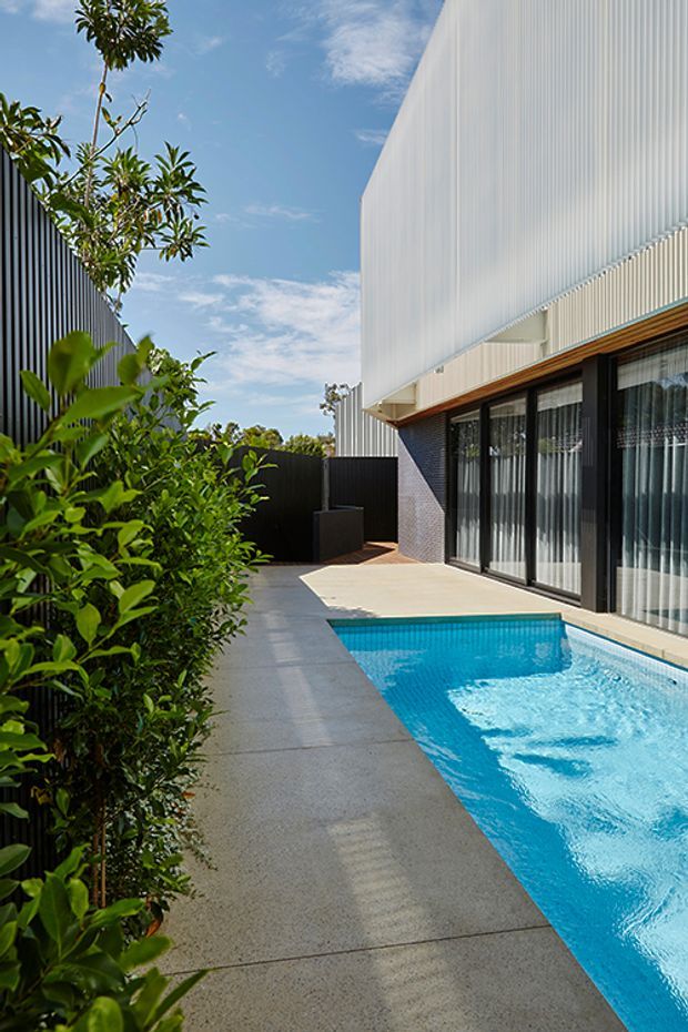 Contemporary exterior view of a private courtyard pool beside a modern multi-level building. The scene features a long narrow swimming pool, pale concrete paving, dense screening greenery, black corrugated boundary fencing, and a white vertically ribbed upper facade above extensive dark-framed glazed doors.