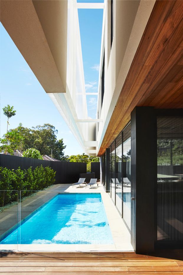 A narrow modern courtyard pool beside a glass-fronted house. The pool is bordered by pale paving and timber decking, with dark privacy fencing and dense planting at the far end. The building features extensive black-framed glazing, a warm timber-lined soffit, and crisp white projecting upper-level forms with a tall glazed void between them.