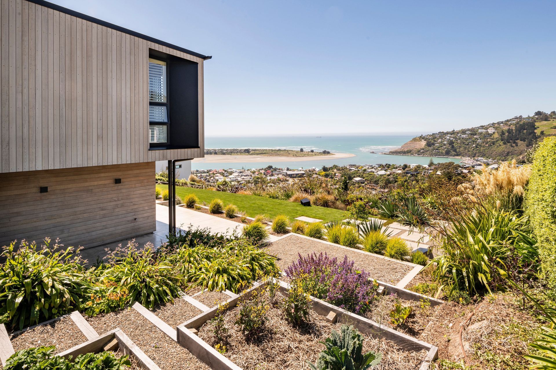 Views out to the coast from the terraced vegetable and herb garden.