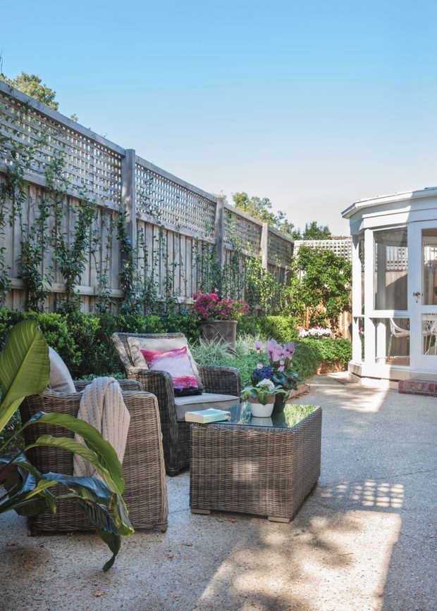 A bright landscaped courtyard or patio lounge with woven outdoor armchairs and a square coffee table, surrounded by lush planting and flowering pots. A tall timber and lattice privacy fence supports climbing greenery, while a small white-framed glazed garden pavilion sits to the right. The space has a relaxed, garden-oriented outdoor entertaining character.