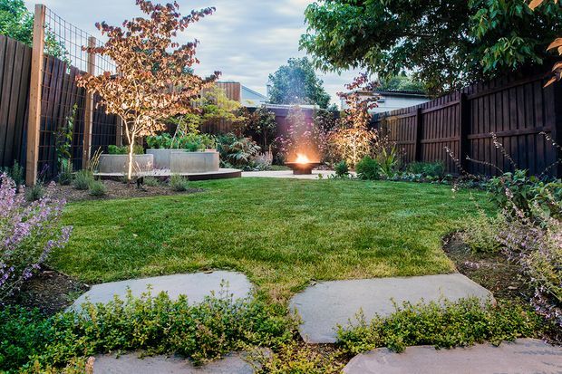 A landscaped residential courtyard garden viewed from a paved stepping-stone path. The enclosed lawn is bordered by dark timber privacy fencing, planted garden beds, small ornamental trees, concrete bench-like raised planters, and a central outdoor fire bowl. The setting has a contemporary, natural garden design with warm afternoon light.