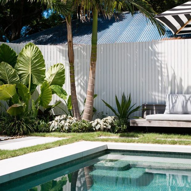 A lush tropical poolside courtyard with a rectangular tiled swimming pool, pale concrete paving, clipped lawn, dense broad-leaf planting, palm trees, and a built-in outdoor daybed beneath a black-and-white striped umbrella. A white vertical-panel fence and corrugated metal roof form the background.