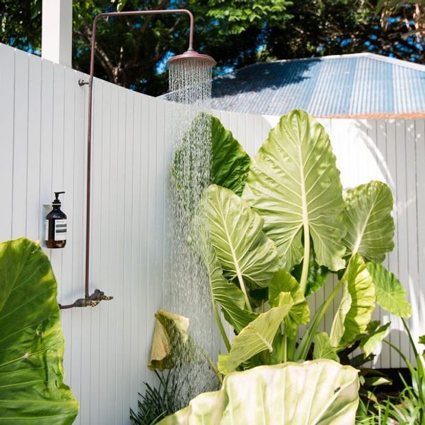 Outdoor shower area with a large round rainfall showerhead and exposed copper-toned pipework mounted against a white vertical-panel privacy screen. Lush elephant ear foliage surrounds the shower, with a dark soap dispenser attached to the wall. A corrugated metal roof and dense greenery are visible in the background.