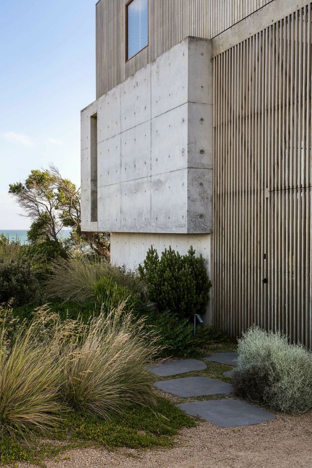 Exterior architectural view of a contemporary coastal residence, featuring a raw exposed-concrete projecting volume, vertically ribbed timber or wood-toned cladding, and a narrow timber-framed window. A landscaped garden with ornamental grasses, low shrubs, gravel, and irregular dark stepping stones leads along the facade. The ocean is faintly visible in the background.