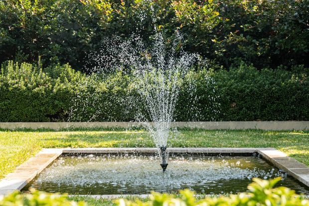 A formal landscaped garden featuring a rectangular reflecting pool with a central fountain jet, bordered by pale stone or concrete coping and clipped hedges. Dense greenery forms the backdrop, creating a serene, symmetrical outdoor setting.