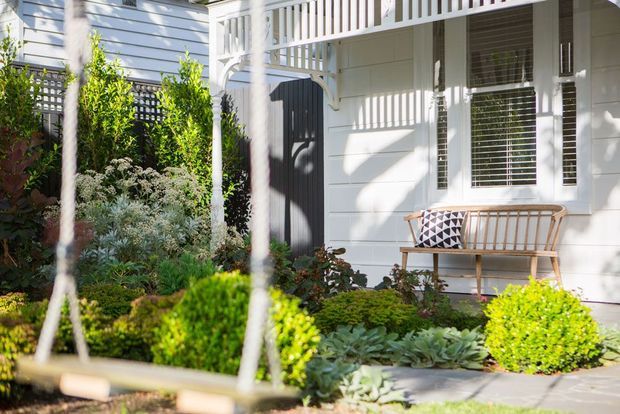 Sunlit landscaped front porch and garden of a white weatherboard home, featuring a timber bench with patterned cushion, white balcony railing and posts, dark entry door, shuttered windows, clipped shrubs, succulents, and a foreground swing.