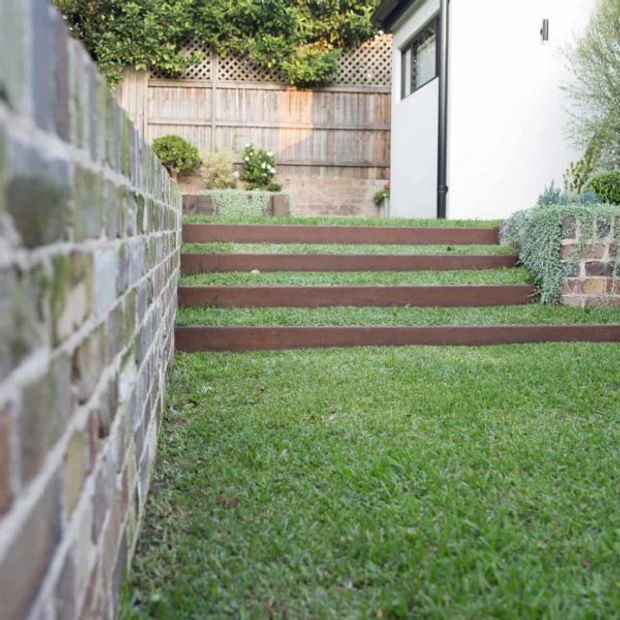 A landscaped side passage leading up a series of broad garden steps. The steps are edged with dark timber or metal risers and covered with lush green lawn, bordered by a textured masonry retaining wall on the left and a white modern building with black-framed glazing on the right. A timber fence, trellis, planted beds and clipped shrubs enclose the space.