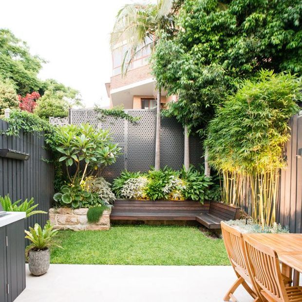 A compact landscaped courtyard garden viewed from a paved outdoor dining area. The space features a small lawn, raised timber bench seating integrated into planted garden beds, dense tropical and subtropical planting, a patterned privacy screen, dark fencing, and a timber outdoor dining table with chairs. A neighbouring multi-storey brick building is partially visible beyond the screen.