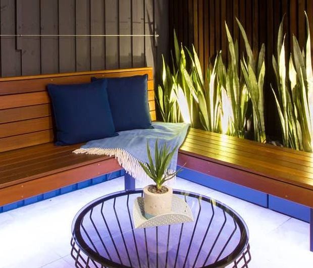 A compact, warmly lit indoor lounge or sunroom with built-in timber bench seating wrapping around the walls, deep blue cushions, a blue fringed throw, and tall snake plants in a raised planter along the window. A round black metal coffee table with a potted succulent sits in the foreground. Dark vertical timber detailing and blue tile accents create a bold, intimate atmosphere.
