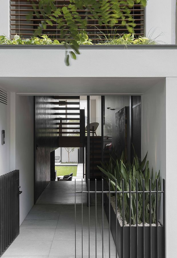 A contemporary residential entry passage viewed from outside, with white rendered walls, large grey floor tiles, dark timber and metal screens, and integrated planter beds filled with greenery. The covered entry leads toward a bright courtyard, with layered slatted screens and a glimpse of interior furnishings beyond.