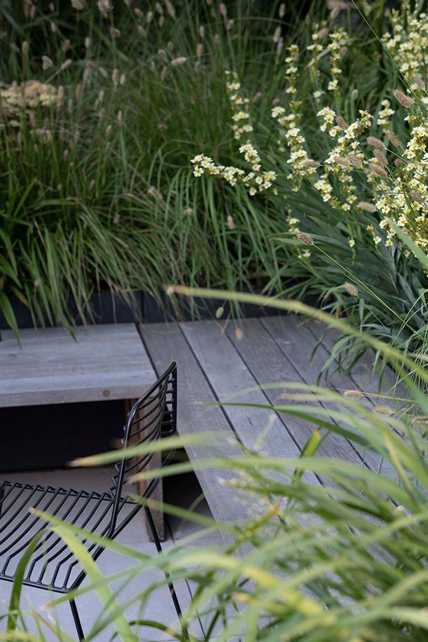 A landscaped outdoor terrace or courtyard with grey timber decking, a dark built-in bench, and black metal outdoor chairs. Dense ornamental grasses and small white flowering plants surround the seating area, creating a natural, softly screened garden setting.