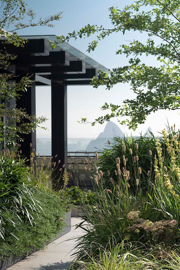 A landscaped exterior walkway leads through dense ornamental planting toward a contemporary pavilion or house. The building features bold black structural frames, extensive glazing, and a projecting flat roof or canopy. A body of water and distant shoreline are visible beyond the structure, while mature trees and grasses frame the foreground.