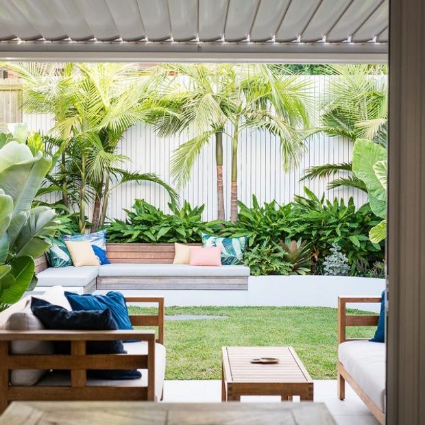A bright indoor-outdoor lounge opening onto a lush courtyard garden. The covered seating area contains timber-framed upholstered armchairs, a low timber coffee table, and a built-in bench with colourful cushions. Beyond the seating, a strip of lawn, layered tropical planting, palm trees, and a pale vertical-panel boundary wall create a private garden setting. A louvred or slatted overhead roof provides shade.