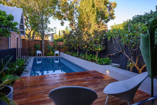A compact landscaped backyard with a rectangular swimming pool, timber decking, sculptural outdoor lounge chairs, raised planted garden beds, timber fencing, and a brick-and-metal residential structure at the side. The scene is bright and leafy with a contemporary outdoor entertaining feel.