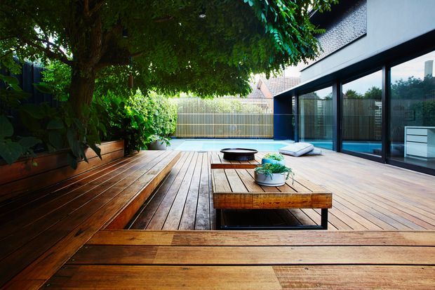 A spacious timber deck courtyard beside a contemporary building, featuring built-in timber bench seating, a low timber coffee table, potted greenery, dark-framed floor-to-ceiling glazing, and a small blue pool or water feature visible along the building edge. Dense planting creates a private, leafy outdoor retreat.
