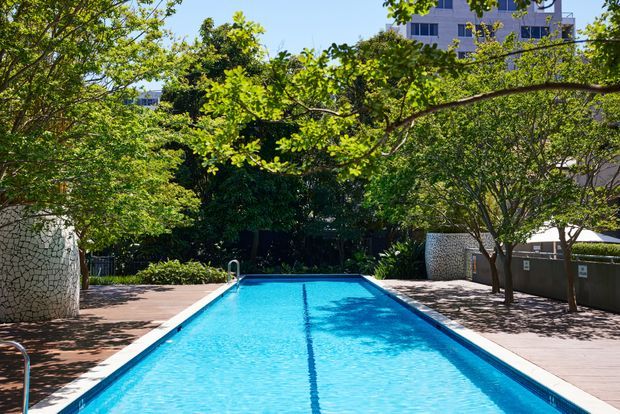 A long rectangular swimming pool occupies a landscaped urban courtyard, with bright blue water, a central lane marking, and paved poolside terraces. Mature leafy trees provide shade, while textured stone-clad walls, boundary fencing, and a multi-storey building are visible in the background.