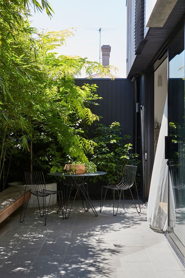 A compact, leafy courtyard patio beside a contemporary home, with a black metal café table and wire chairs on large grey tiled paving. Dark vertical-panel fencing, extensive planting, full-height glazing, and a sheer outdoor curtain create a private indoor–outdoor setting with dappled sunlight.