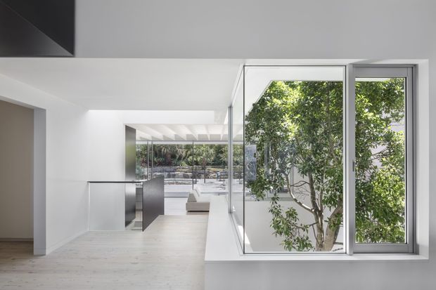 Bright, minimalist interior corridor or landing with white walls, pale timber flooring, and extensive floor-to-ceiling glazing. A planted courtyard is visible through the windows, while a glass balustrade and open-plan space extend toward the rear. The space has clean geometric lines, restrained finishes, and abundant natural light.