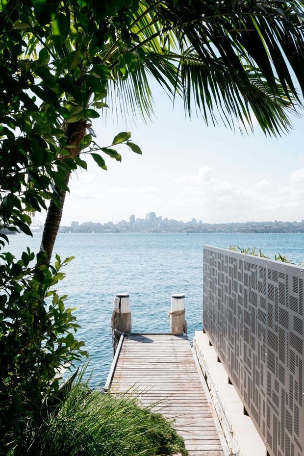 A bright waterfront exterior showing a timber dock extending over calm blue water, framed by lush tropical foliage and palm fronds. A perforated patterned privacy screen forms the right side of the view, with a distant urban skyline across the water.