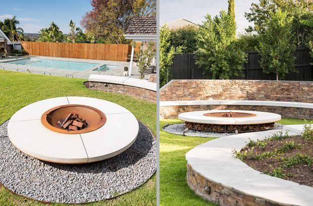 A split-view outdoor landscape design featuring a circular fire pit with a pale concrete or stone surround set in a gravel bed. The left view shows the fire pit beside a lawn and swimming pool, while the right view shows a curved built-in stone retaining wall and seating edge within a landscaped backyard.
