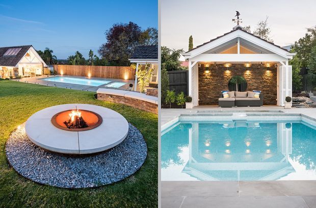 A split-view residential outdoor entertainment area featuring a circular fire pit set into a pale concrete platform, a swimming pool, landscaped lawn, timber fencing, and a poolside pavilion. The pavilion has a white gabled roof and columns, exposed dark brick feature walls, warm integrated lighting, and outdoor lounge seating. The right view looks directly toward the pavilion across the pool.