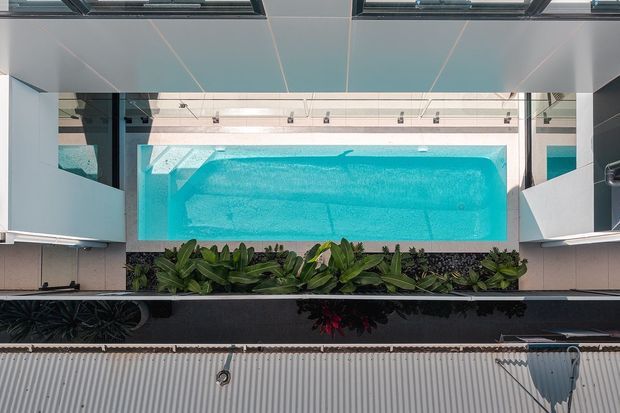 Overhead architectural view of a narrow rectangular swimming pool within a contemporary built setting, bordered by dense tropical planting, pale paved surfaces, and surrounding roof structures. The image emphasizes the pool area and compact urban courtyard-like composition.
