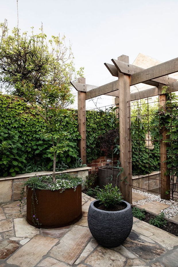A landscaped courtyard garden with a rustic timber pergola and trellis structure, dense climbing greenery, mature planting, raised planters, and two prominent freestanding pots. The ground is paved with irregular natural stone, with a narrow gravel garden path and brick and stone garden walls visible behind the vegetation. The overall look is organic, textured, and established.