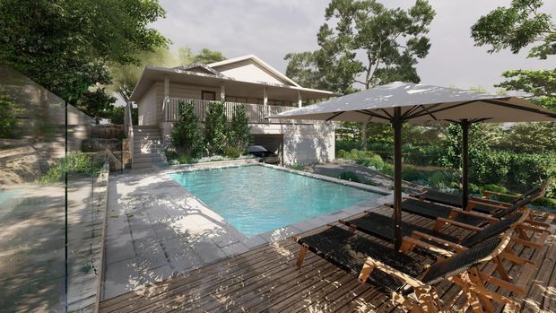 A landscaped residential backyard with a turquoise swimming pool, surrounding paved terrace, timber decking, and a shaded outdoor dining and lounging area beneath large umbrellas. A raised, light-coloured house with covered verandah and dense greenery sits behind the pool.