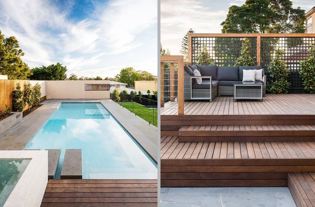 A split view of a landscaped residential outdoor area featuring a rectangular swimming pool, paved surrounds, timber decking and steps, and a raised outdoor lounge platform enclosed by timber-framed lattice screens with climbing greenery. The design has a clean contemporary feel with warm timber and pale stone surfaces.