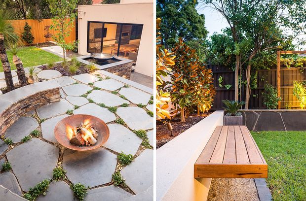 A split view of a landscaped residential courtyard and garden. The left side shows an irregular natural-stone paved patio with planted joints, a circular stone-edged seating area, and a metal fire bowl, with a modern glazed room beyond. The right side shows a timber garden bench integrated beside a light-coloured rendered retaining wall, surrounded by lush planting, lawn, and dark timber fencing.