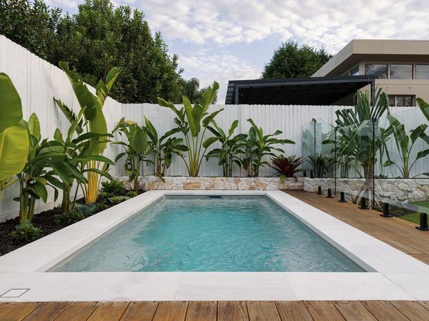 Contemporary backyard pool area with a rectangular swimming pool bordered by pale stone or concrete coping and timber decking. Tropical planting lines the white boundary fence, with a modern multi-level residence and covered outdoor structure visible beyond the pool.