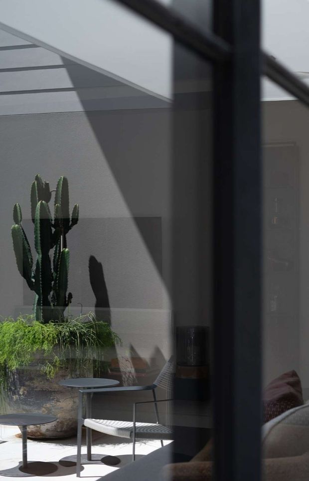 A contemporary courtyard or patio viewed through dark-framed glazing, with strong geometric sunlight and shadows across smooth grey walls. The outdoor space contains a tall cactus, planted garden beds, small round tables, and a woven outdoor lounge chair. A partial upholstered sofa is visible through the glass at right, creating a layered indoor-outdoor composition.