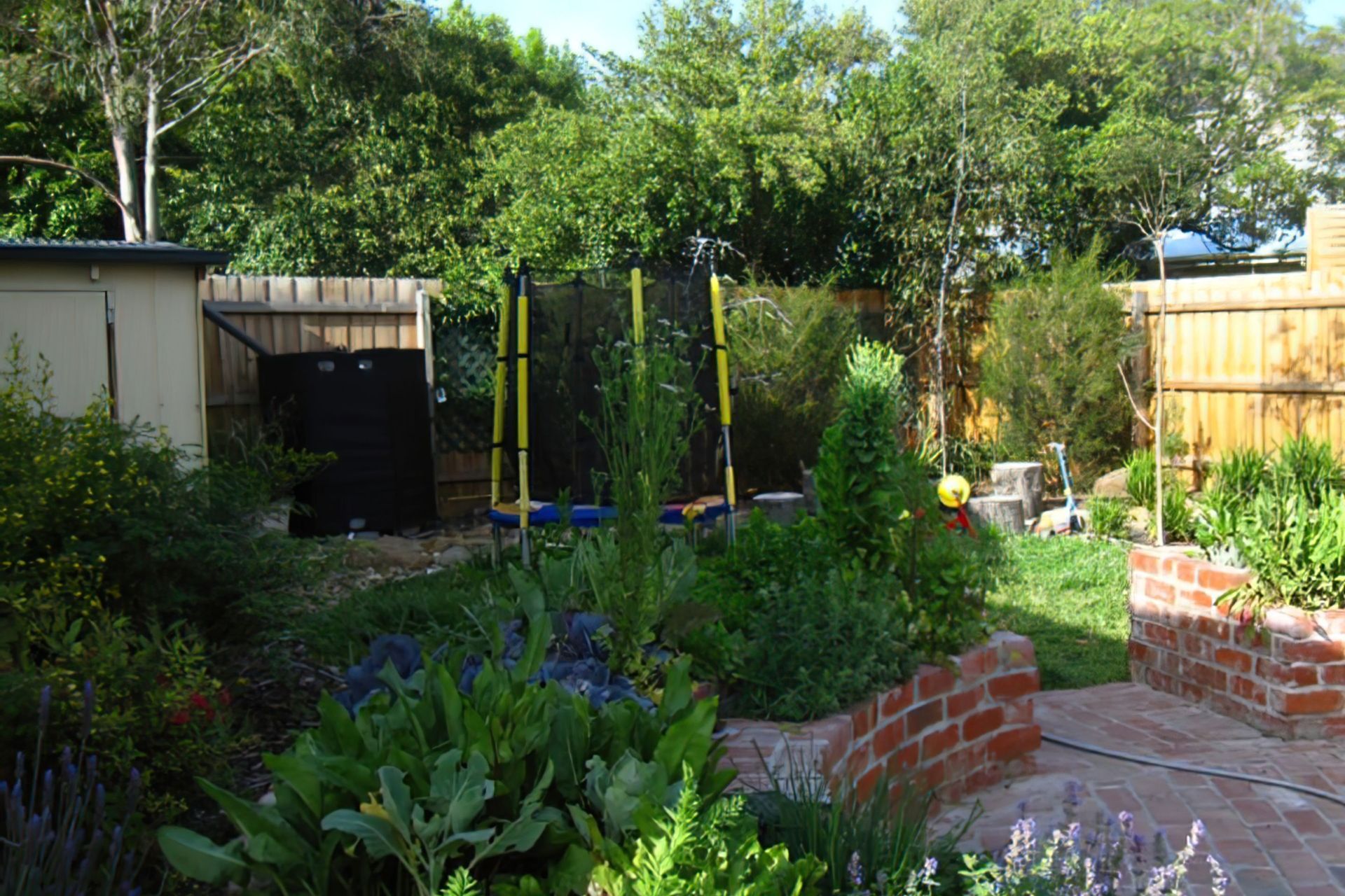 Northcote backyard AFTER garden design, featuring raised brick vegetable planters