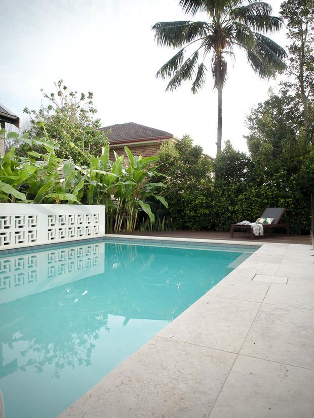 A landscaped residential backyard centered on a rectangular swimming pool with pale stone paving. Tropical foliage, a tall palm tree, dense hedging, and a white decorative breeze-block privacy wall surround the pool, with a lounge chair on the far deck. A brick house with a tiled roof is partially visible behind the planting.