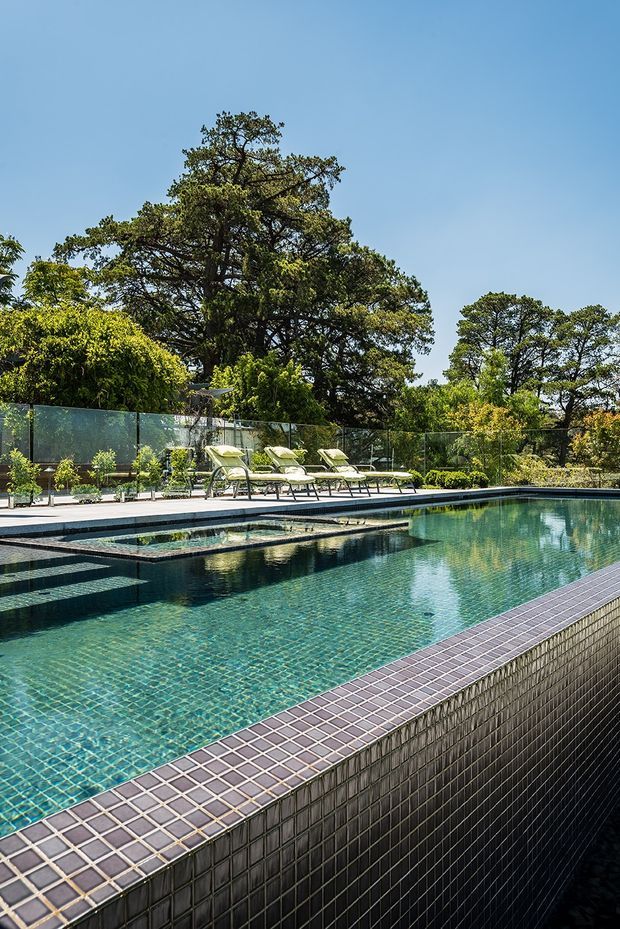 A sunlit outdoor swimming pool surrounded by mature garden landscaping. The pool has dark green-blue mosaic tile finishes, broad stepped entry areas, and a raised tiled edge in the foreground. Glass fencing, lounge chairs, shrubs, and large established trees frame the pool area.
