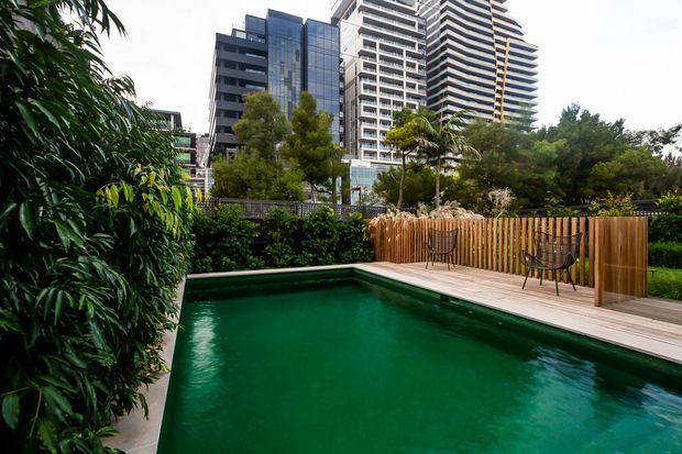 A landscaped outdoor pool area with a rectangular swimming pool, timber decking, a vertical timber privacy screen, and simple outdoor chairs. Dense planting surrounds the pool, with modern high-rise buildings visible in the background.